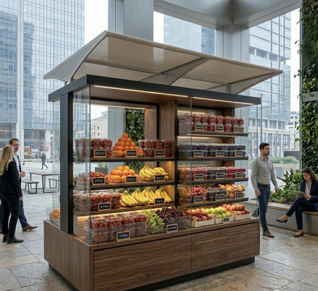 עמדת פירות מעוצבת בלובי משרדים - סגנון עם גגון
